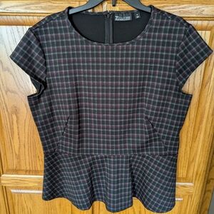 New York & Company Black and Red Plaid Peplum Blouse